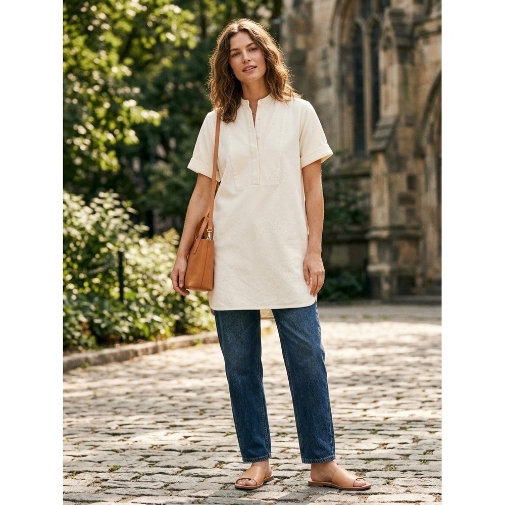 Madewell B0274 Short Sleeve Bib Front Tunic Top Cream Textured XS